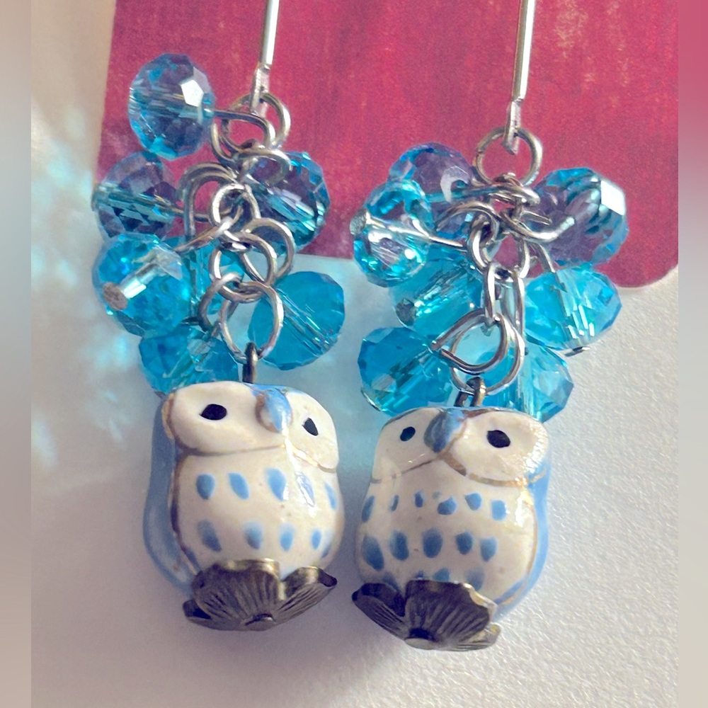 NWOT Earrings Blue Ceramic Owls, on vintage drop blue crystals on silver bars